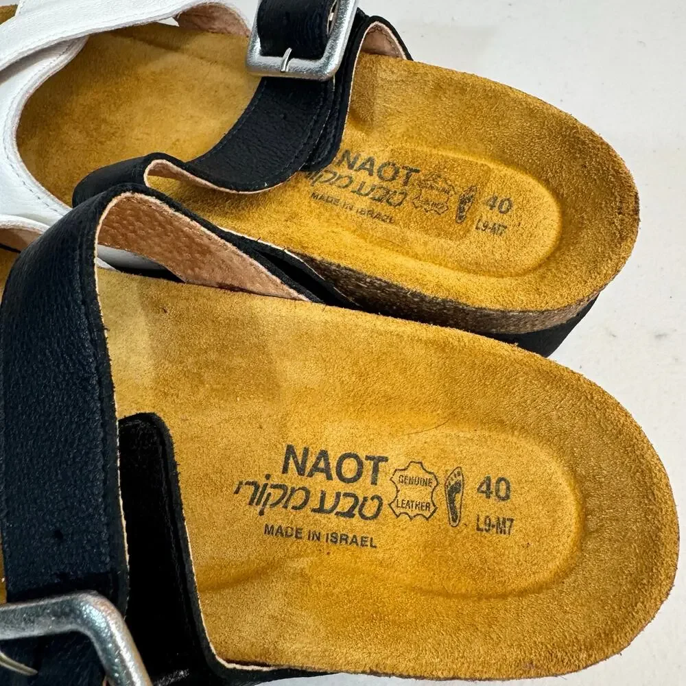 NAOT Juliette Platform Slide Sandal Soft Black & White Leather Straps Women’s 9